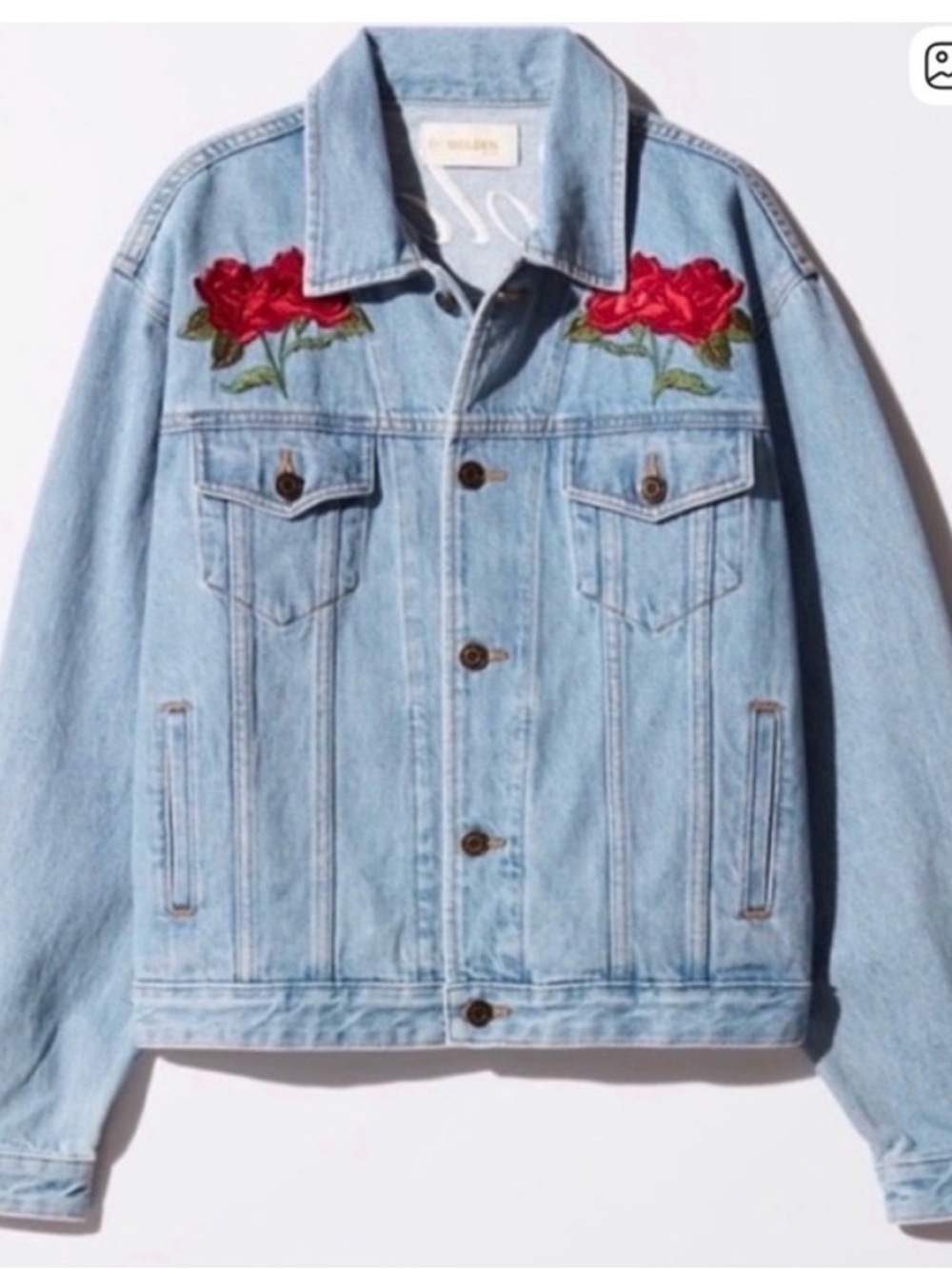 Light Blue Denim Jacket with Red Rose Embroidery - Women - Picture 4 of 8